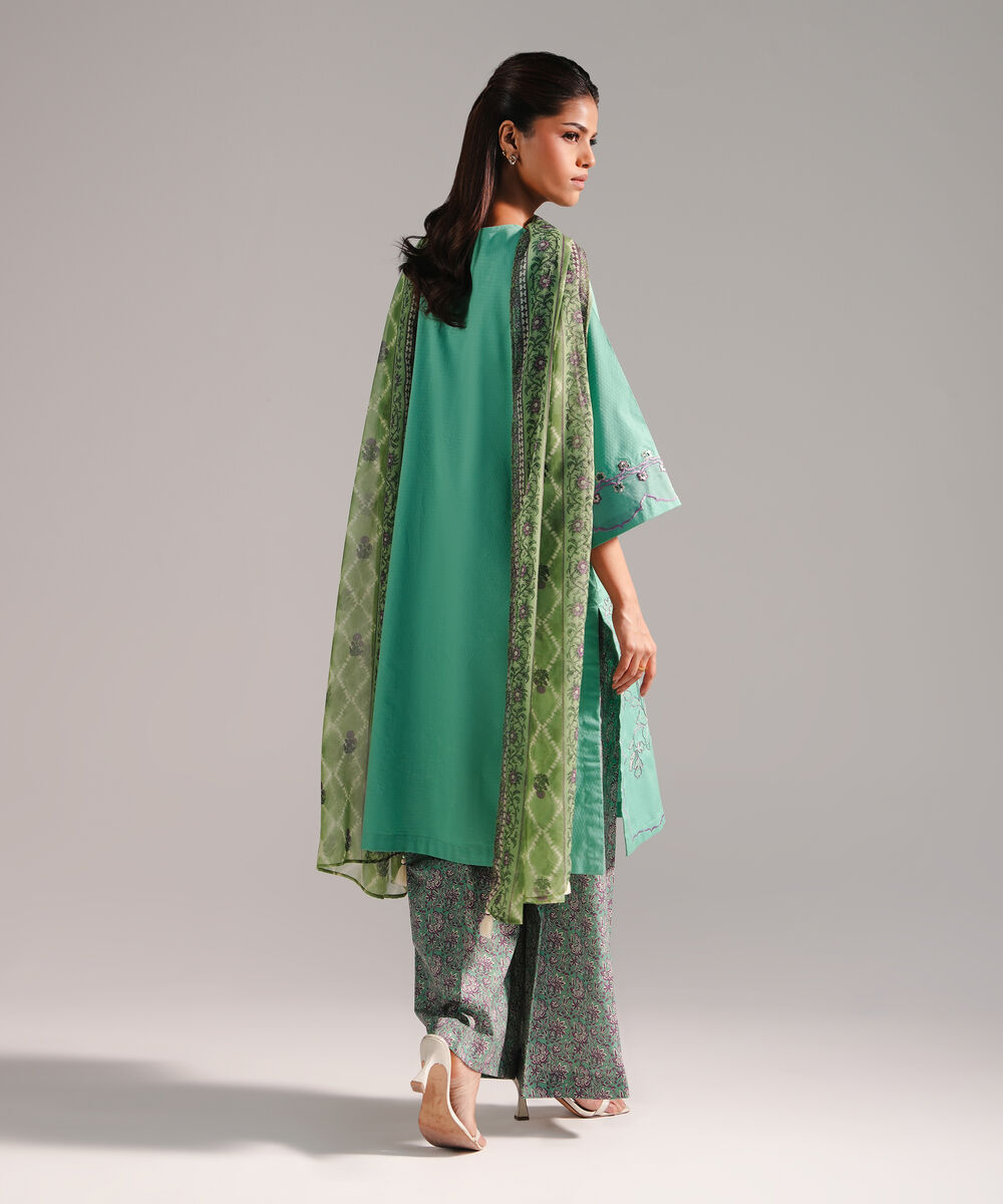 Women's RTW Dobby Embroidered Green 3 Piece Suit