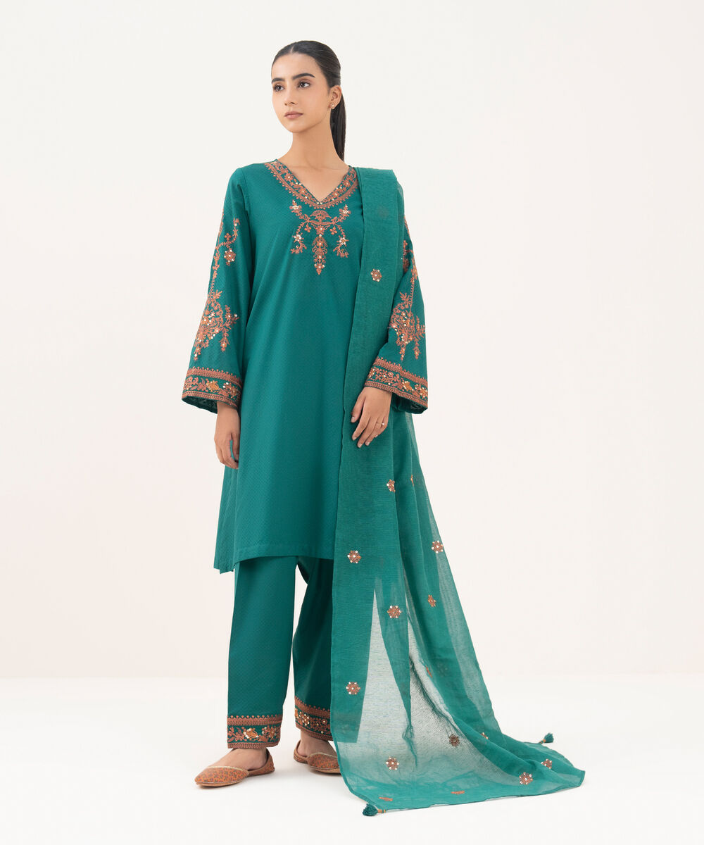 Blended Textured Karandi Green Embroidered Dupatta