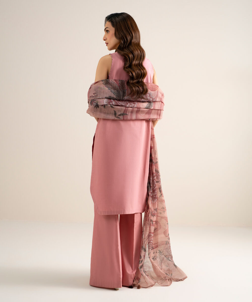 Women's Unstitched Slub Lawn Embroidered Pink 3 Piece Suit