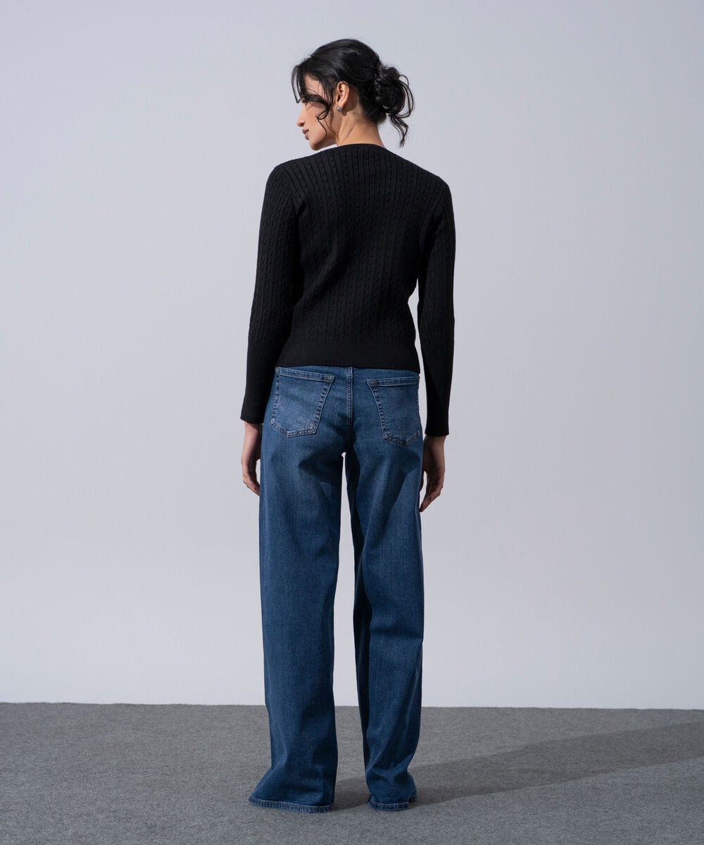 Women's Western Wear Black Textured Cable-Knit Jumper