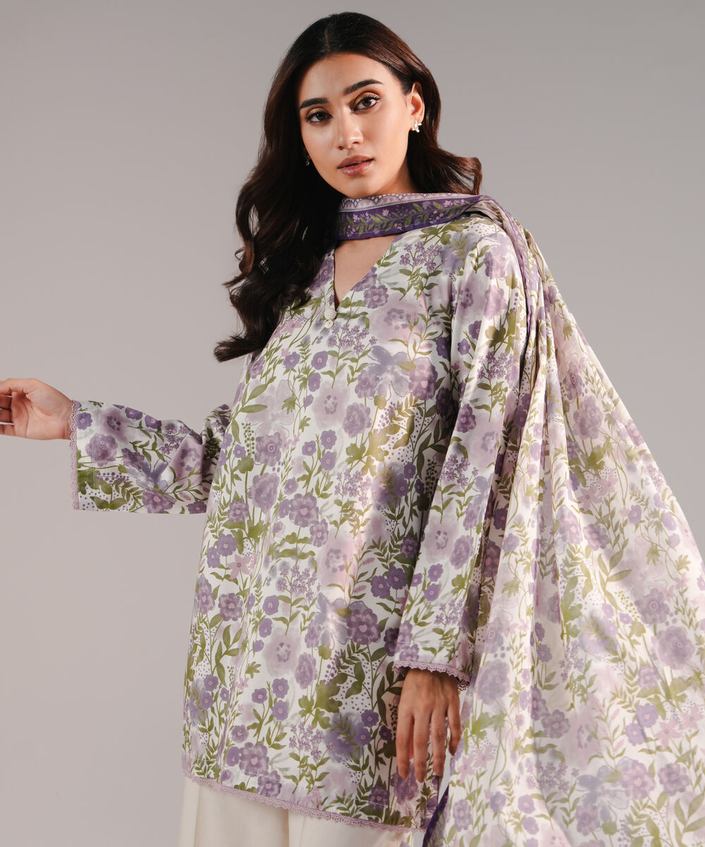 Women's RTW Cotton Viscose Printed Lavender 2 Piece Suit