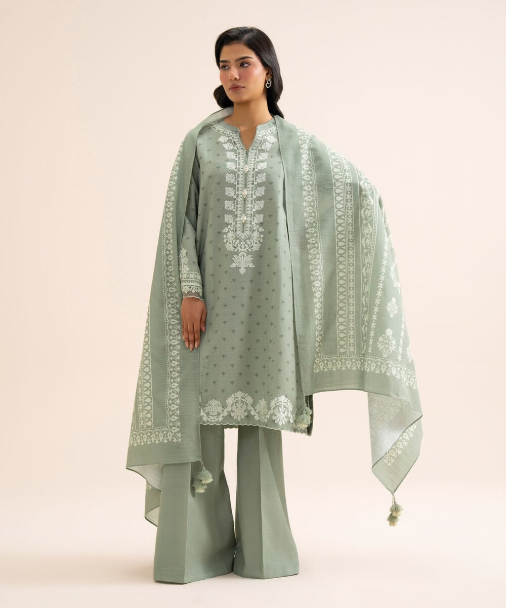 Women's Unstitched Light Khaddar Embroidered Light Grey 3 Piece Suit