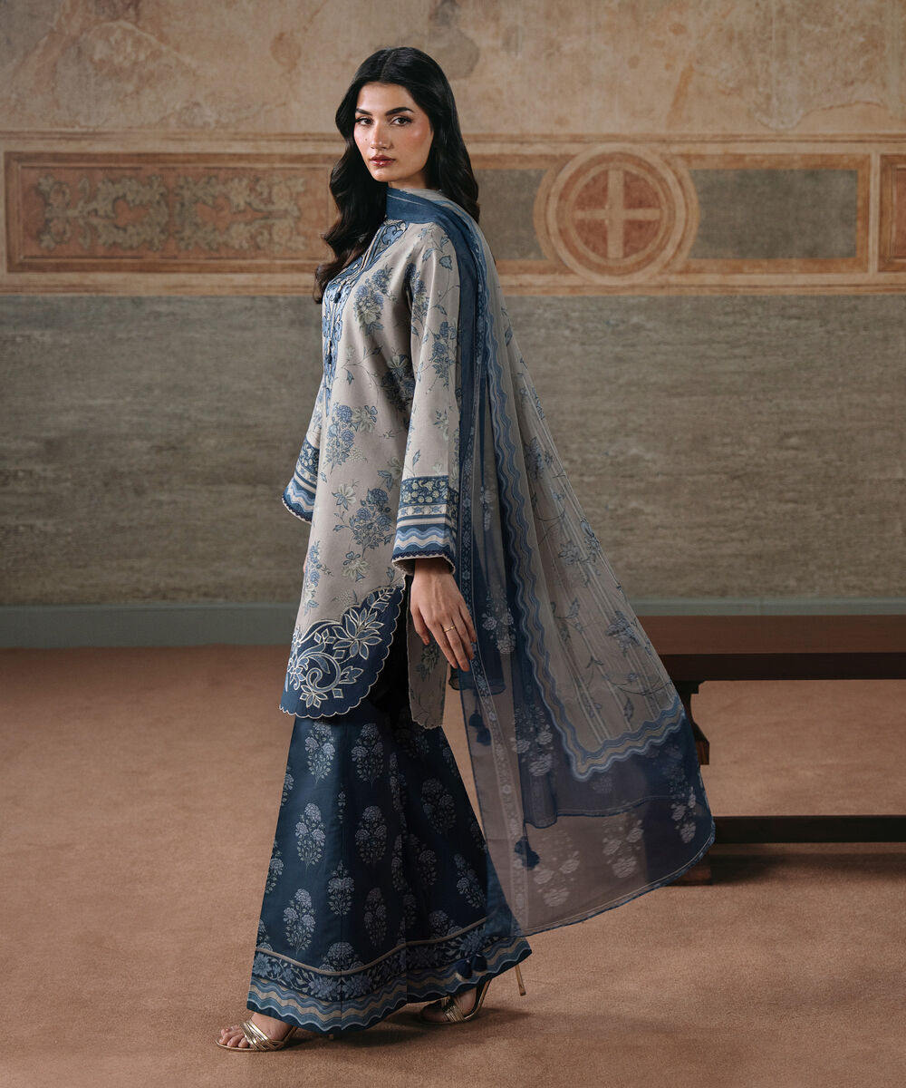Women's Unstitched Lawn Embroidered Beige 3 Piece Suit