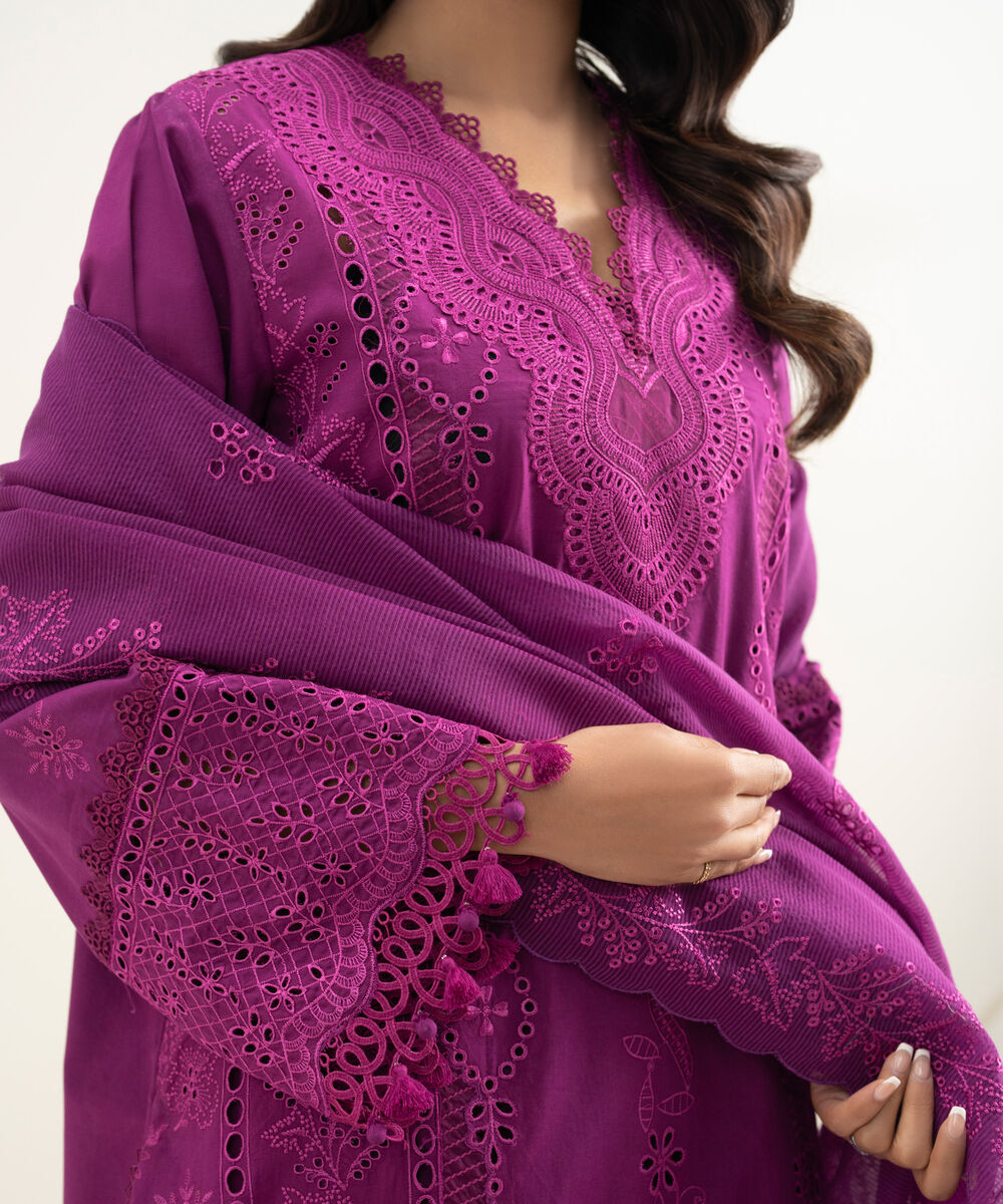 Women's Unstitched Textured Lawn Embroidered Purple 3 Piece Suit