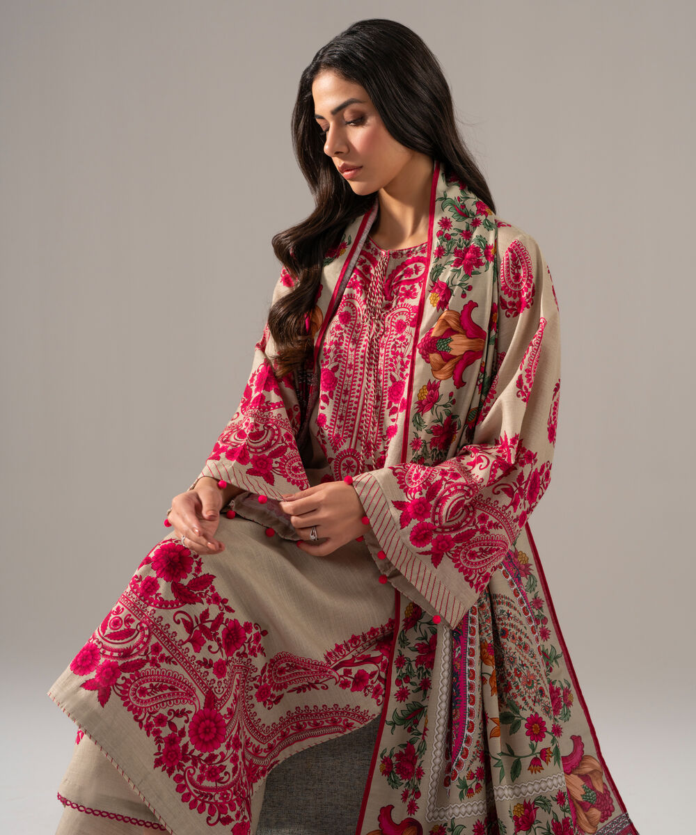 Women's RTW Khaddar Printed Beige 3 Piece Suit