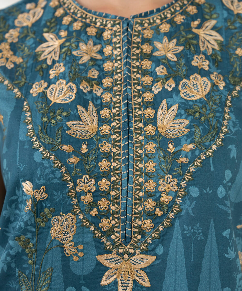 Women's Unstitched Cotton Embroidered Blue 3 Piece Suit