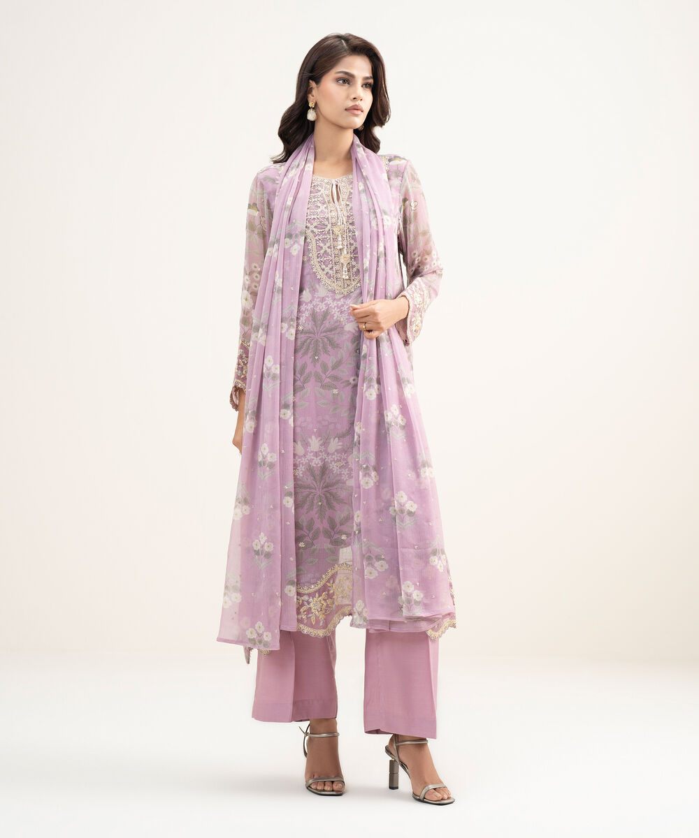 Women's RTW Blended Chiffon Embroidered Light Purple 3 Piece Suit