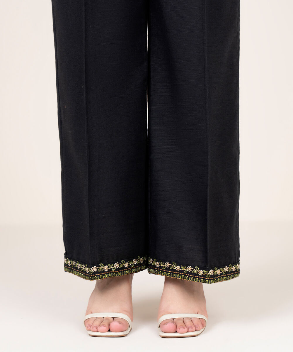 Women's RTW Khaddar Embroidered Black Flared Pants