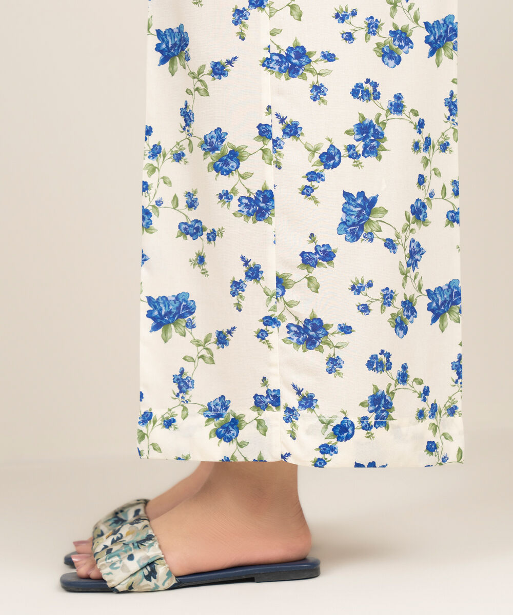 Women's RTW Arabic Cambric Printed Cream White Flared Pants