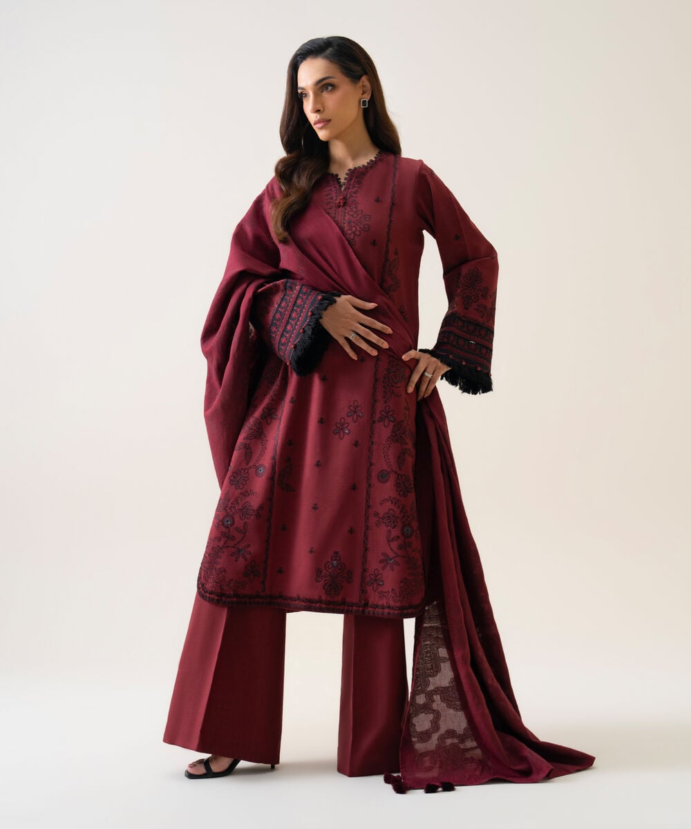 Women's Unstitched Light Khaddar Embroidered Maroon 3 Piece Suit