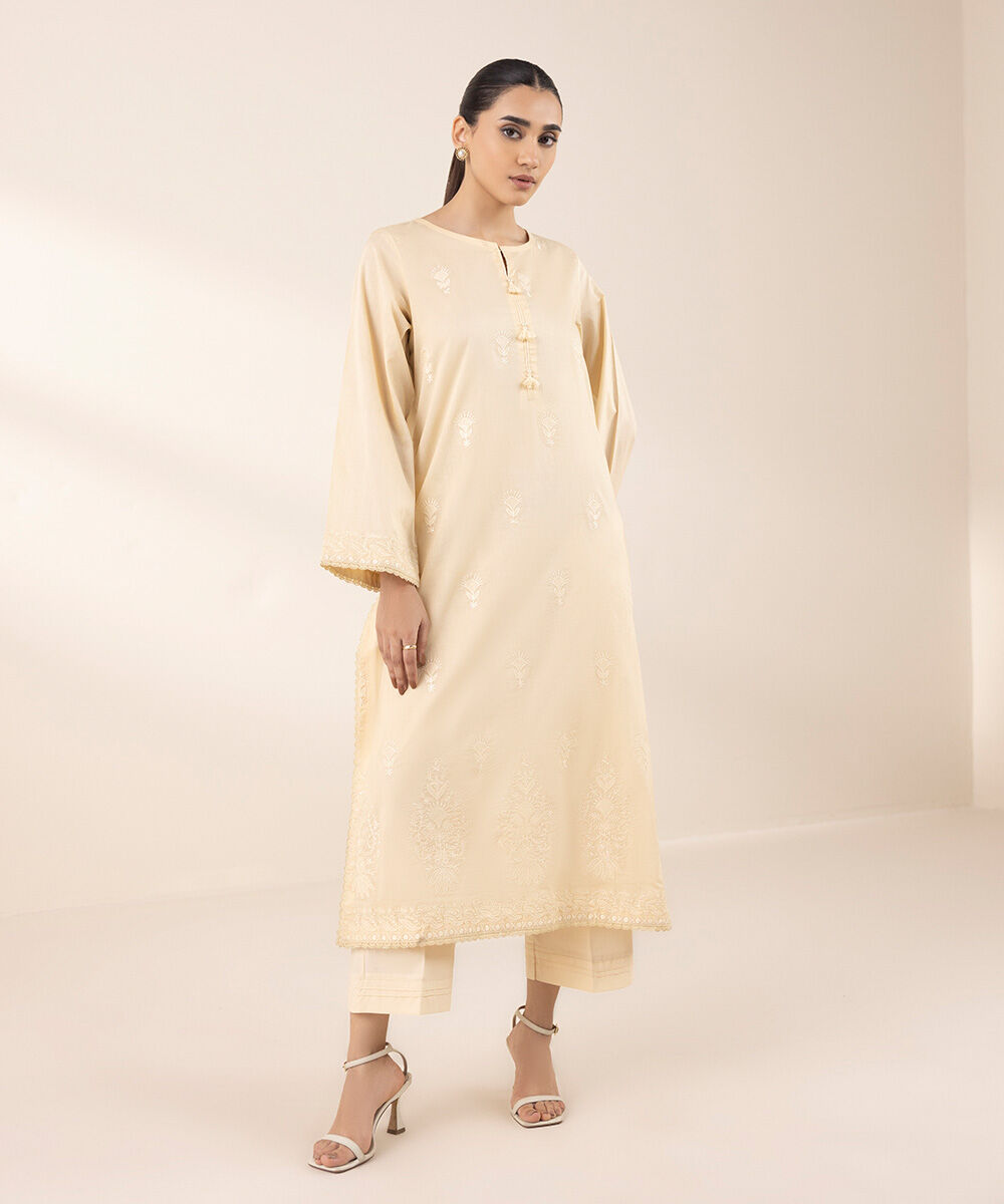 Women's RTW Lawn Yellow Embroidered A-Line Shirt