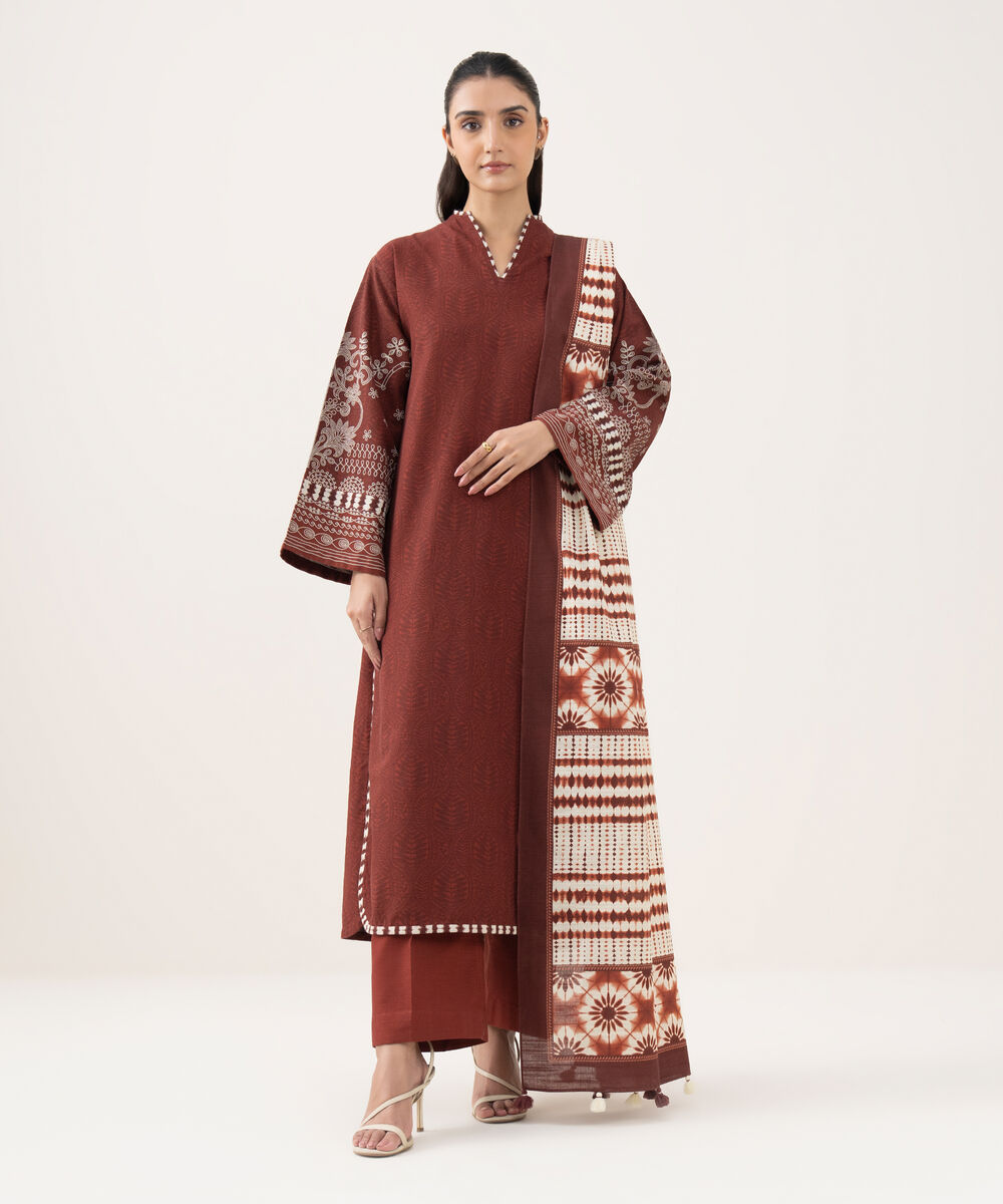 Women's Unstitched Light Khaddar Printed Red  3 Piece Suit