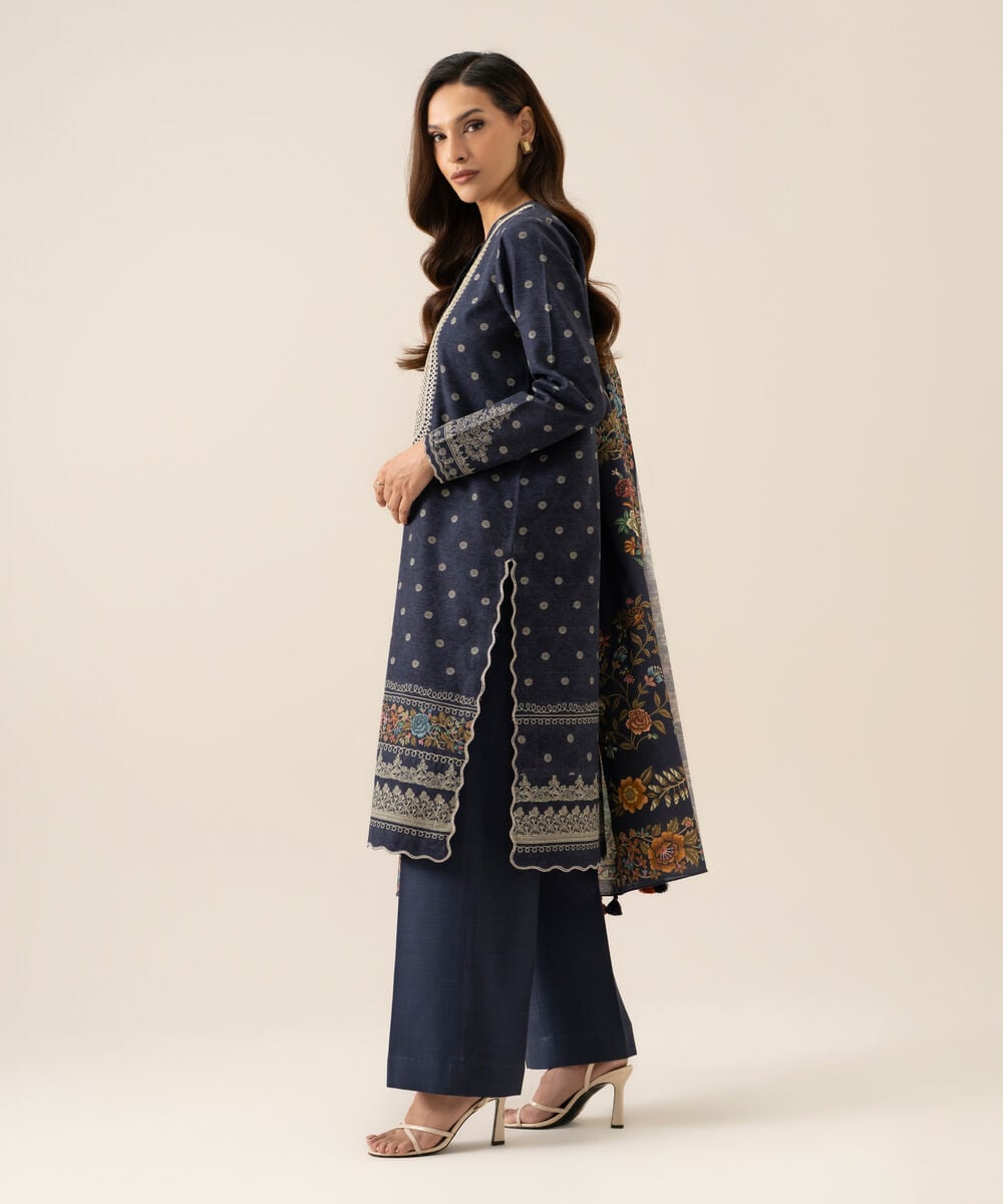 Women's Unstitched Light Khaddar Embroidered Blue 3 Piece Suit