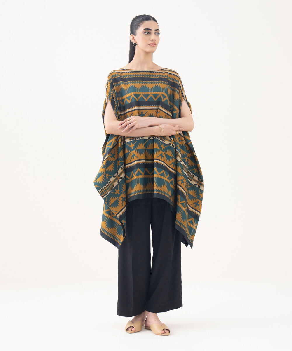 Women's RTW Light Khaddar Mustard Printed Kaftaan