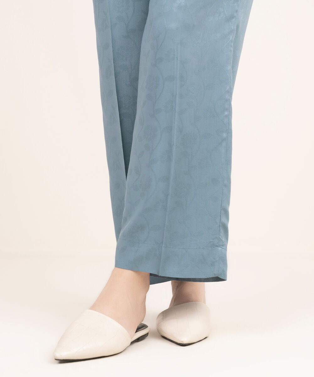 Women's RTW Arabic Self Jacquard Solid Blue Straight Pants