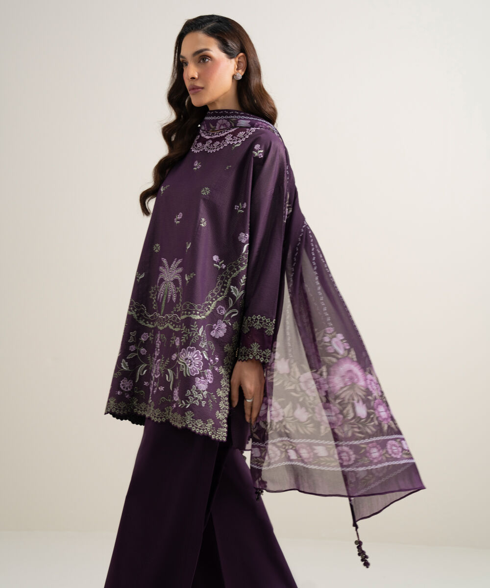 Women's Unstitched Zari Lawn Embroidered Purple 3 Piece Suit