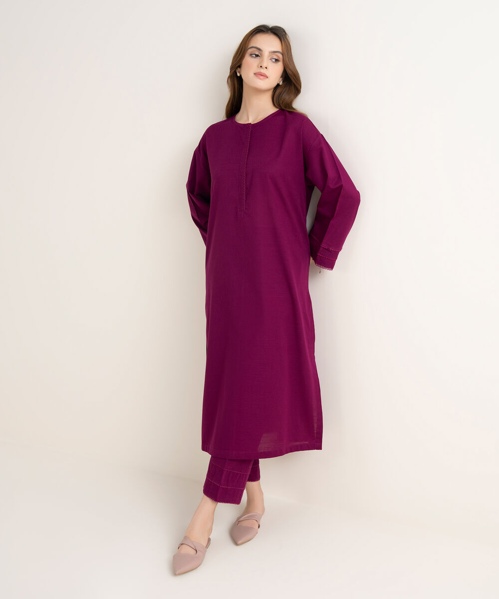 Women's RTW Light Khaddar Solid Drop Shoulder Purple Shirt