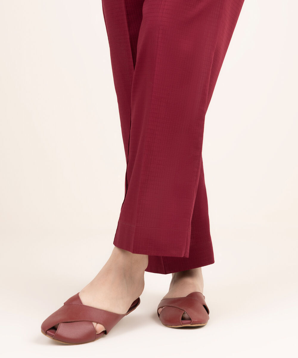 Women's RTW Textured Cotton Solid Red Straight Pants