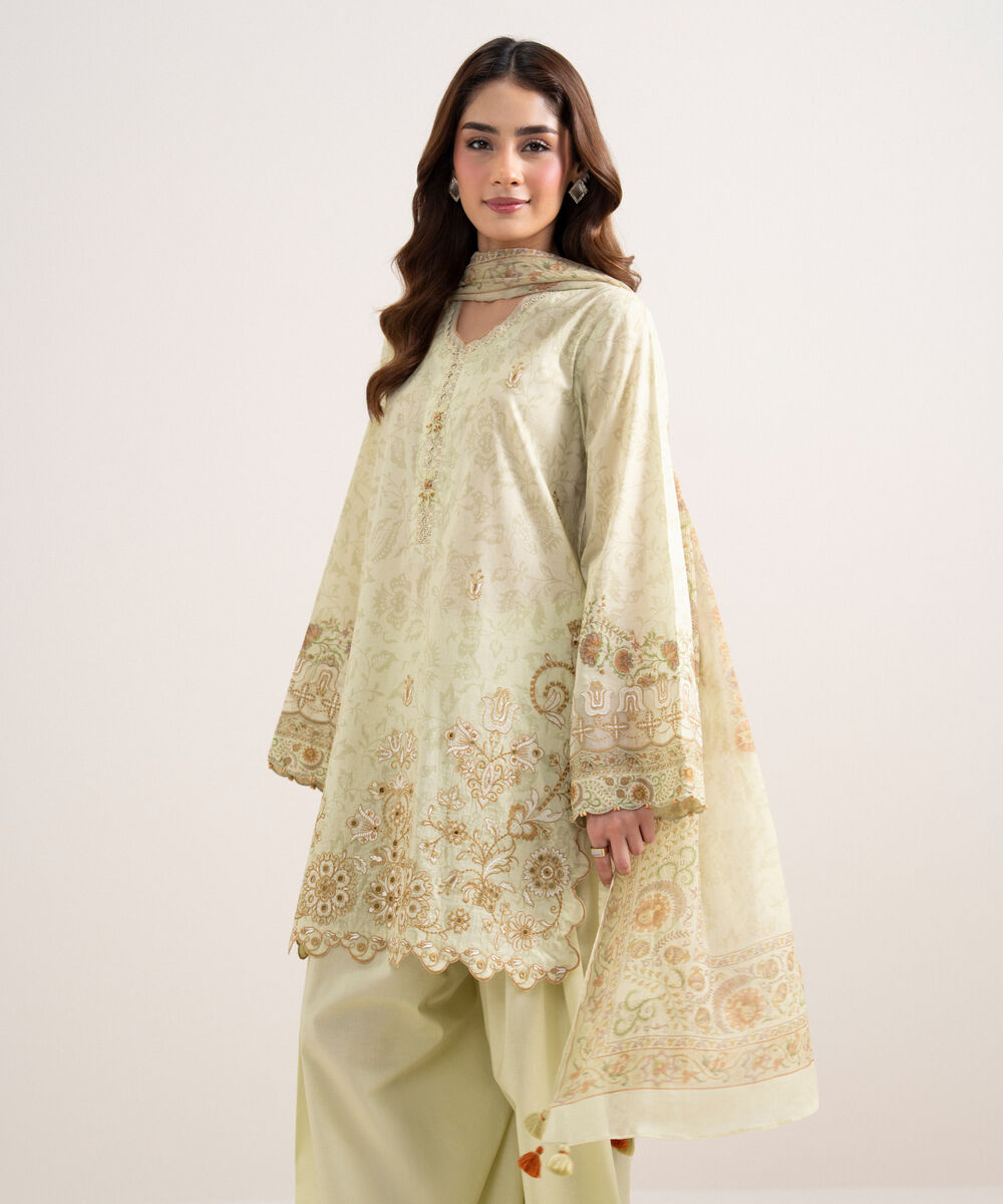 Women's Unstitched Lawn Embroidered Green 3 Piece Suit