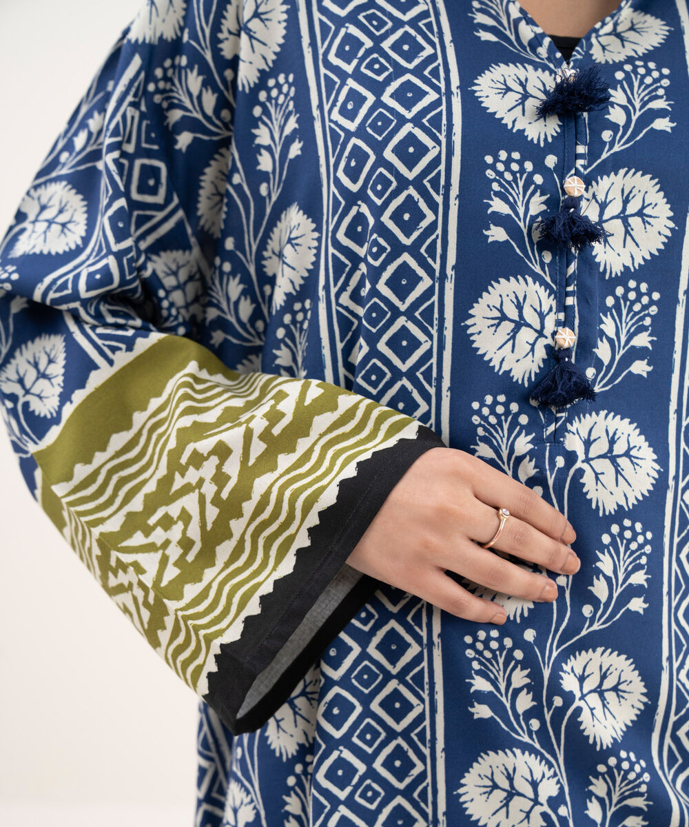 Women's RTW Viscose Linen Printed Straight Blue Shirt