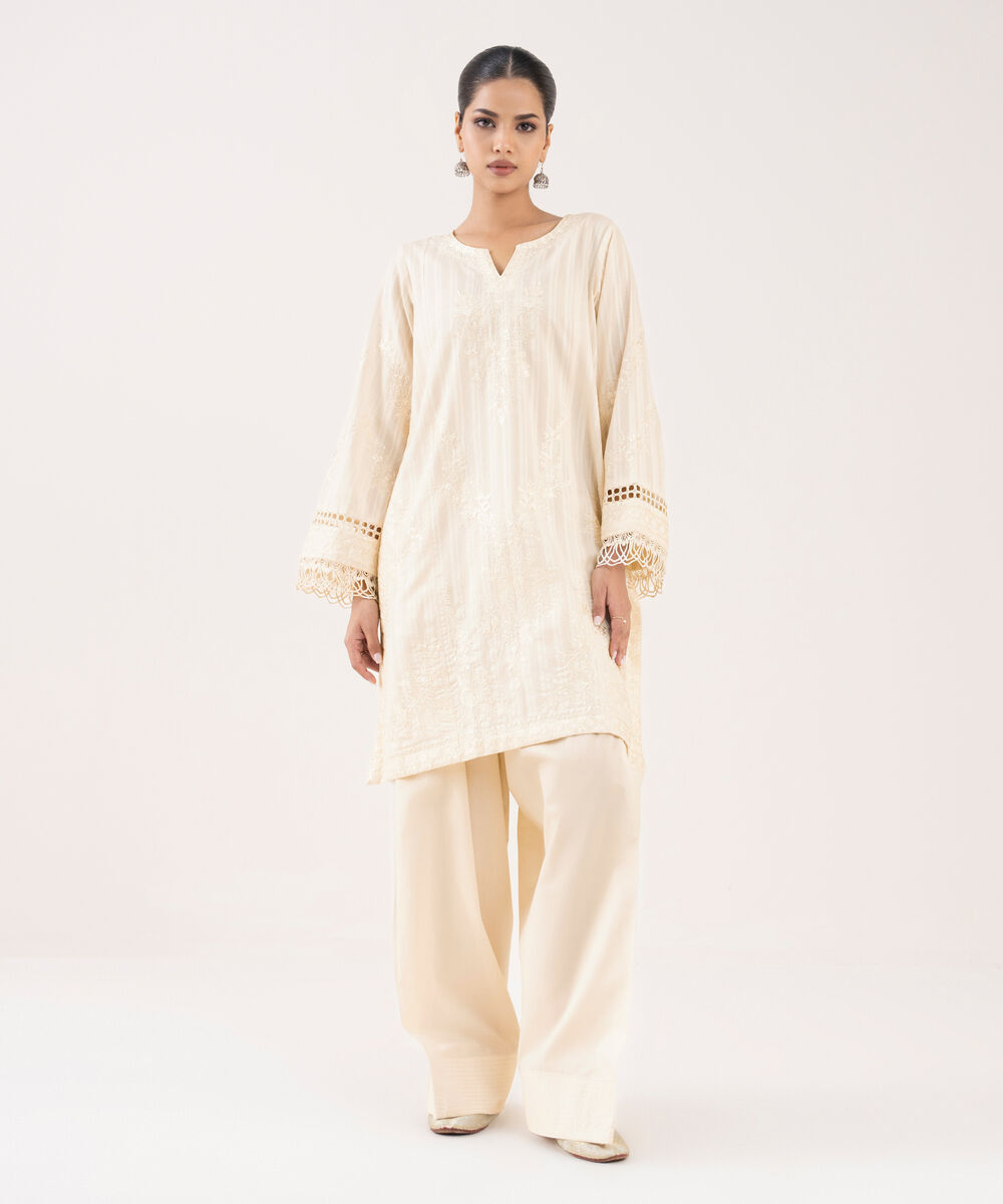 Women's RTW Textured Lawn Off White Embroidered A-Line Shirt