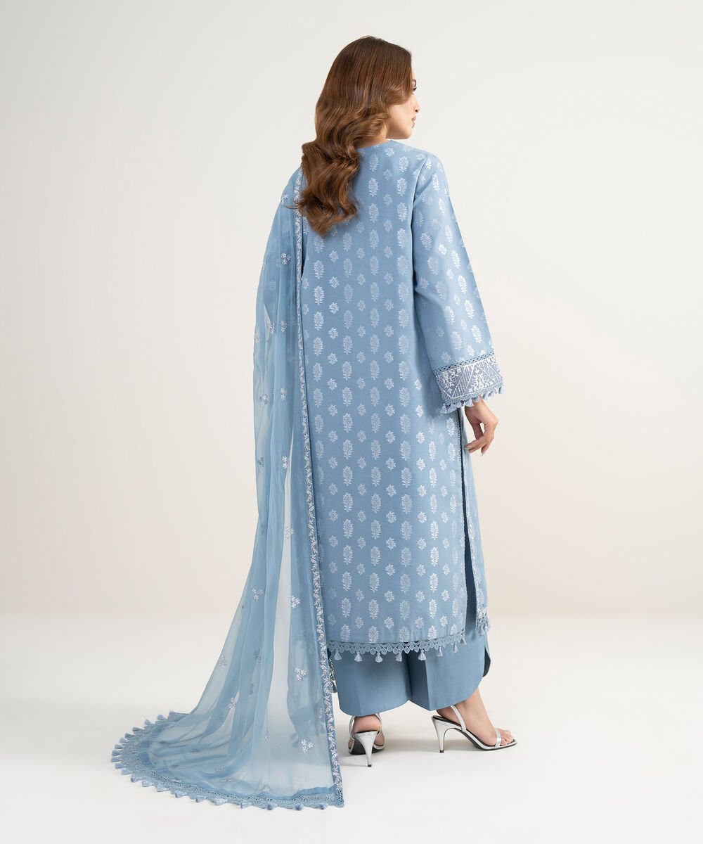 Women's Unstitched Extra Weft Jacquard Embroidered Blue 3 Piece Suit