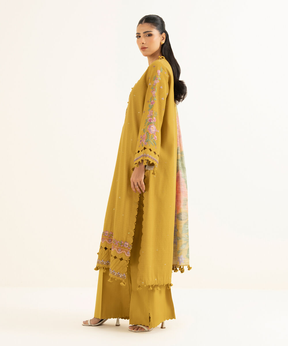Women's Unstitched Dobby Embroidered Yellow 3 Piece Suit