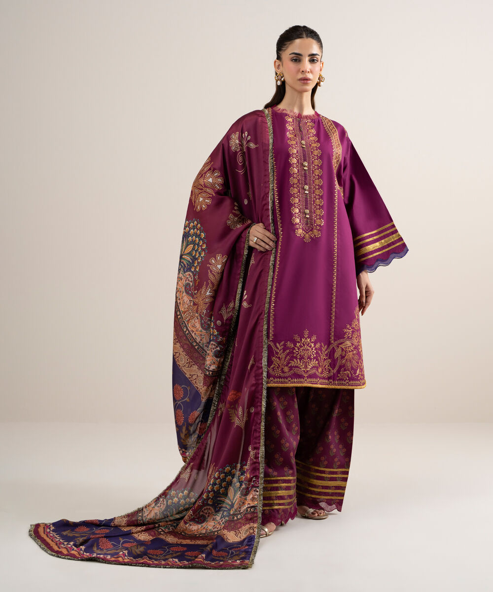 Women's Unstitched Dobby Embroidered Pink 3 Piece Suit