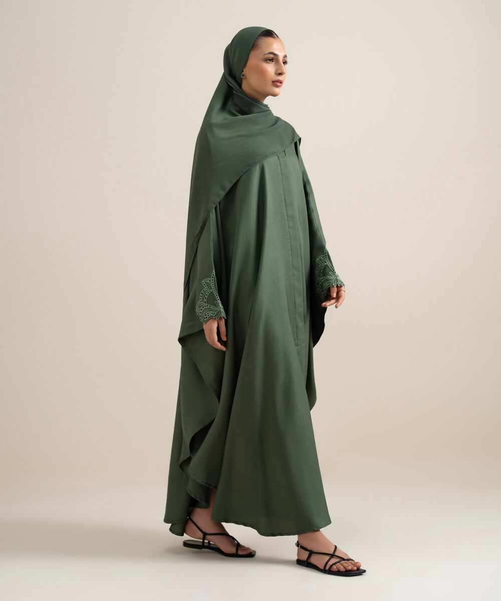 Women's Emerald Green Embroidered Kaftan Abaya Set