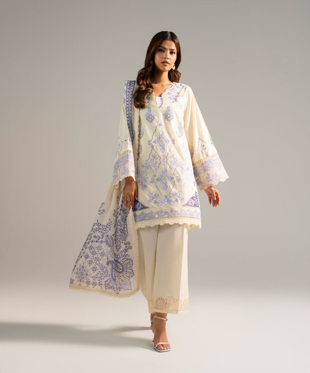 Women's RTW Lawn Embroidered Off White 3 Piece Suit