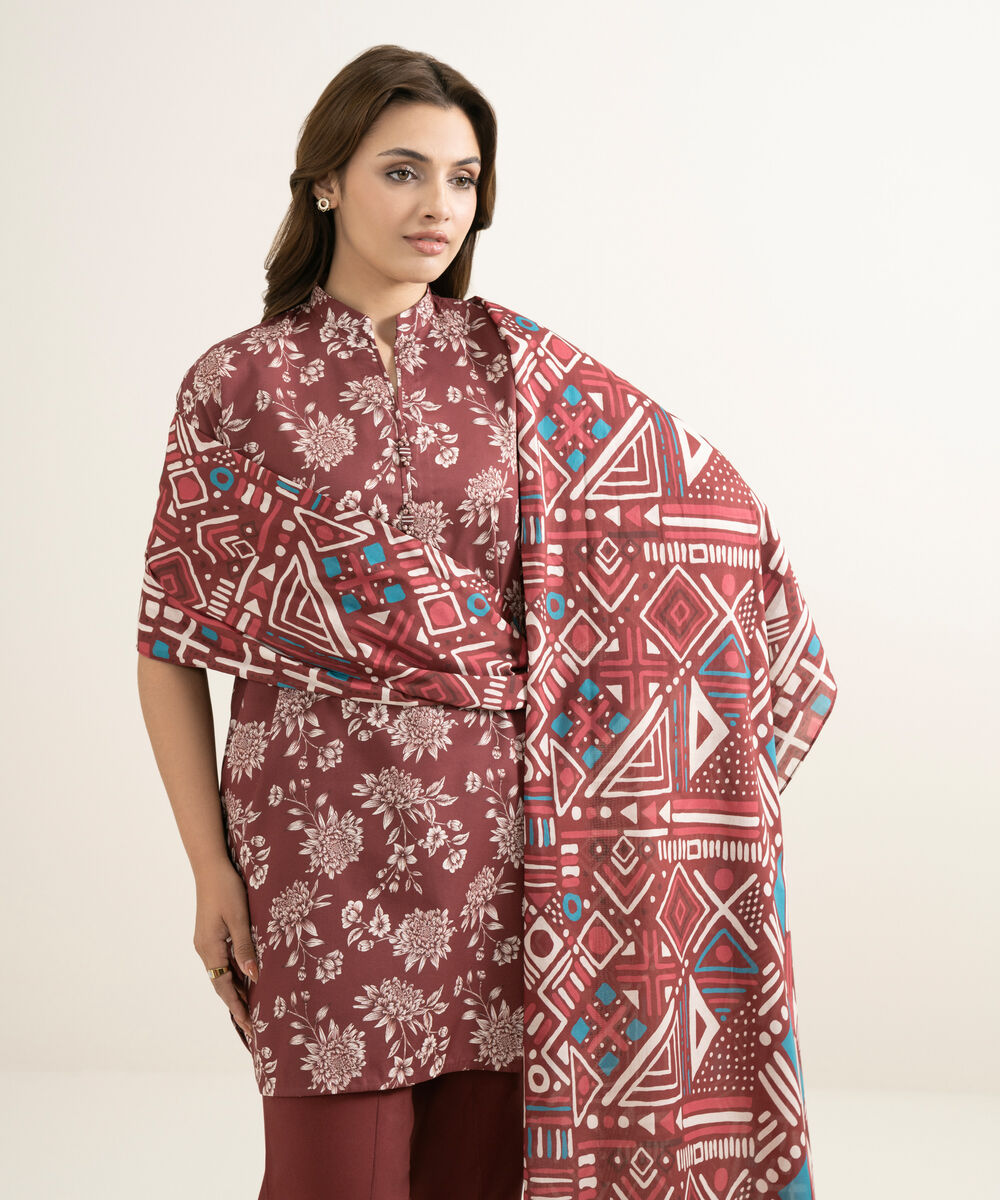 Women's Unstitched Lawn Printed Red 3 Piece Suit