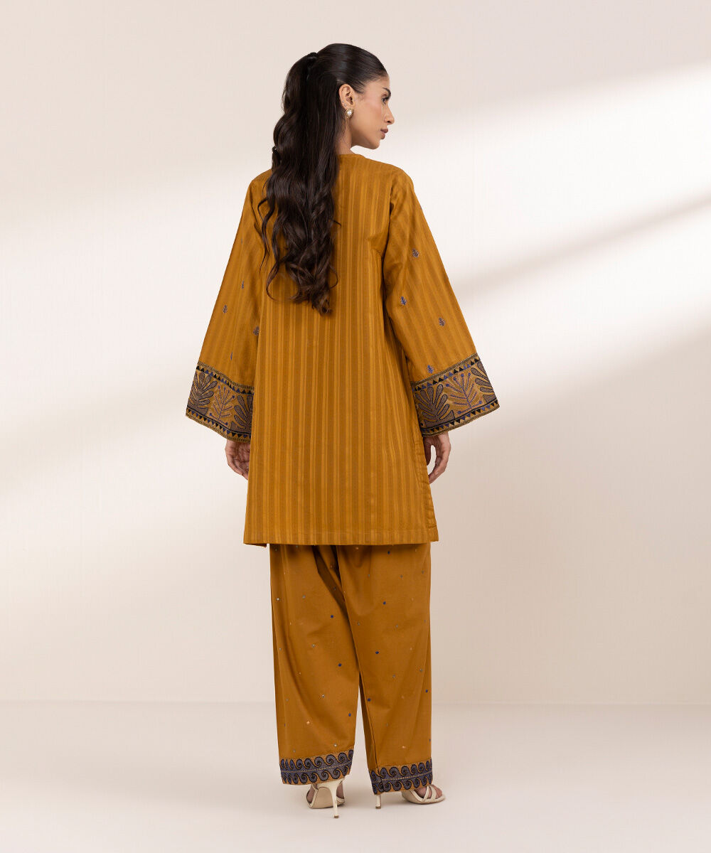 Women's RTW Textured Cotton Orange Embroidered Boxy Shirt