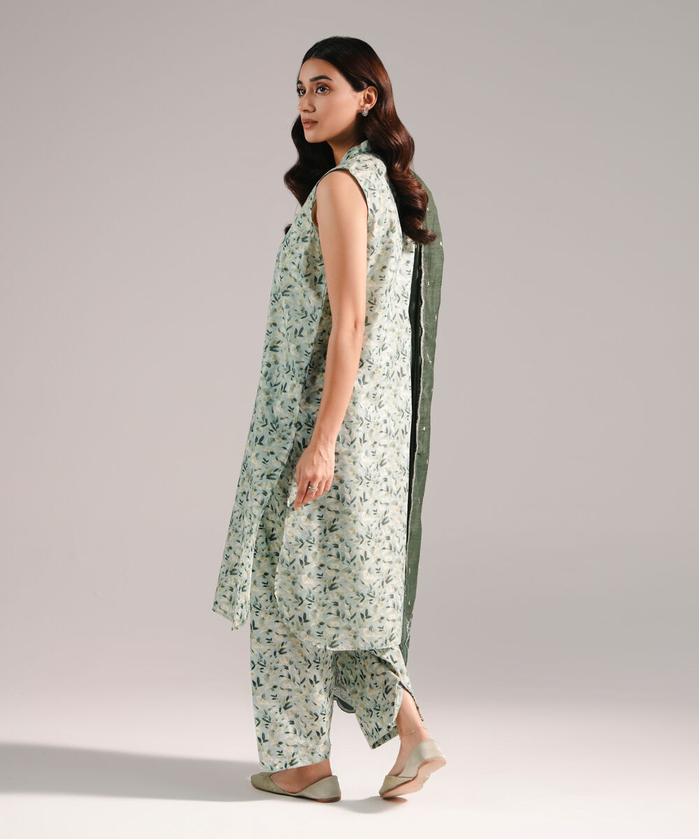 Women's RTW Zari Lawn Printed Green 3 Piece Suit