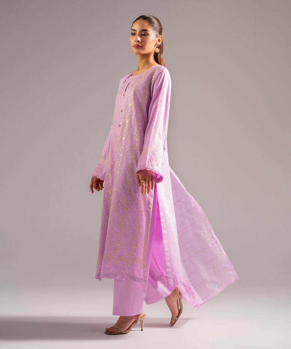 Women's RTW Cotton Satin Embroidered Lilac 3 Piece Suit