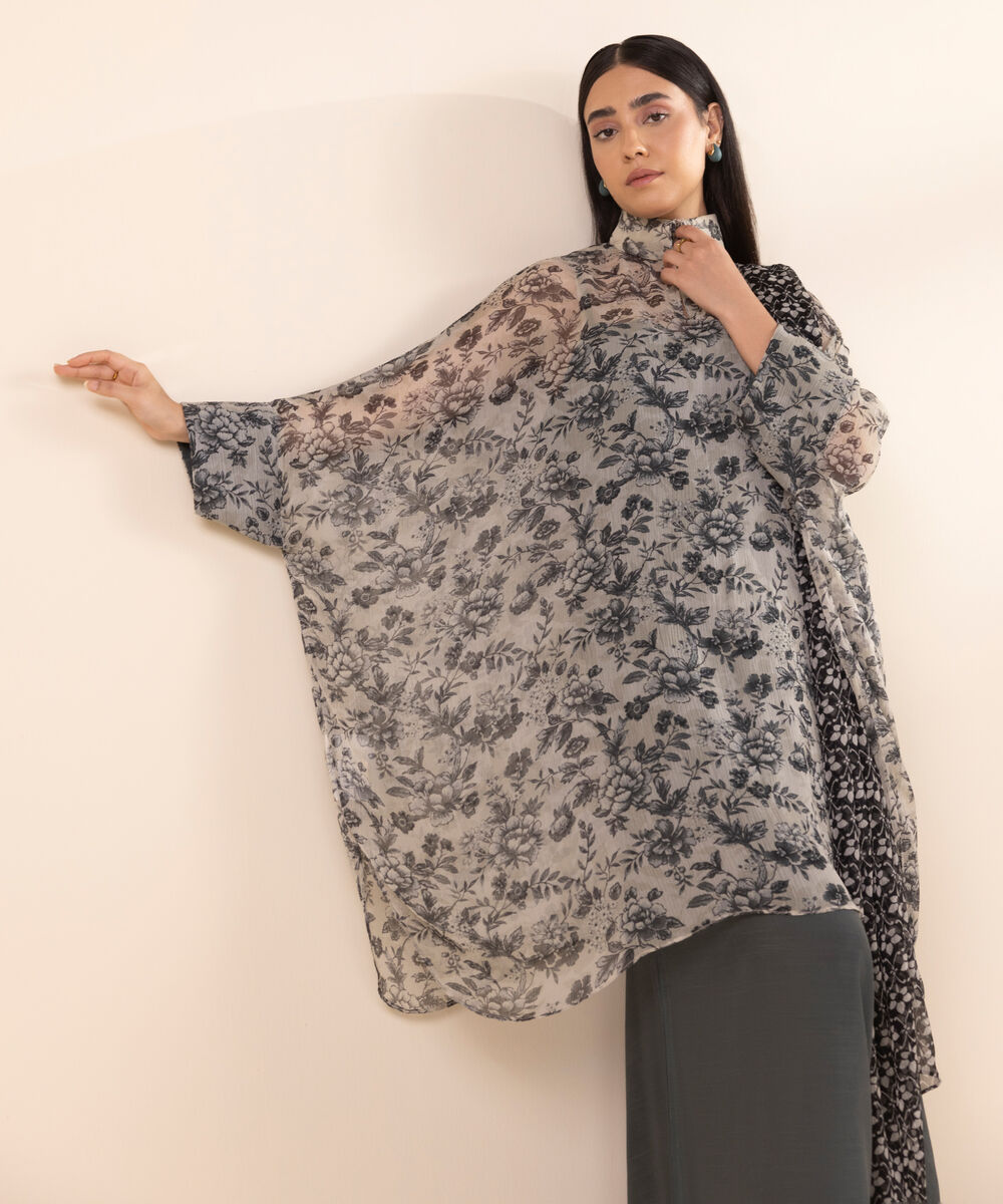 Women's Unstitched Chiffon Printed Grey 3 Piece Suit