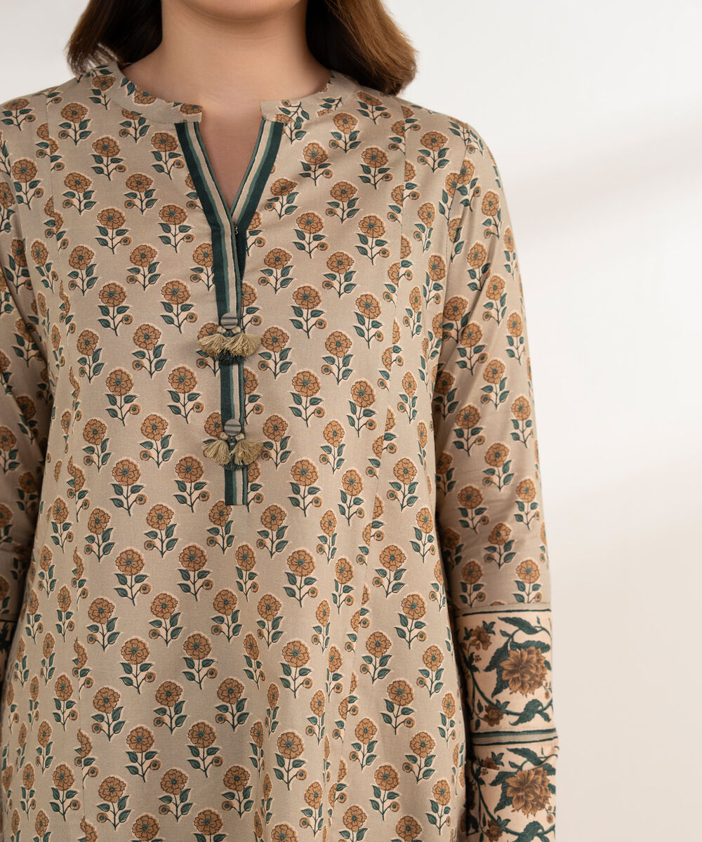 Women's Unstitched Lawn Printed Beige 3 Piece Suit