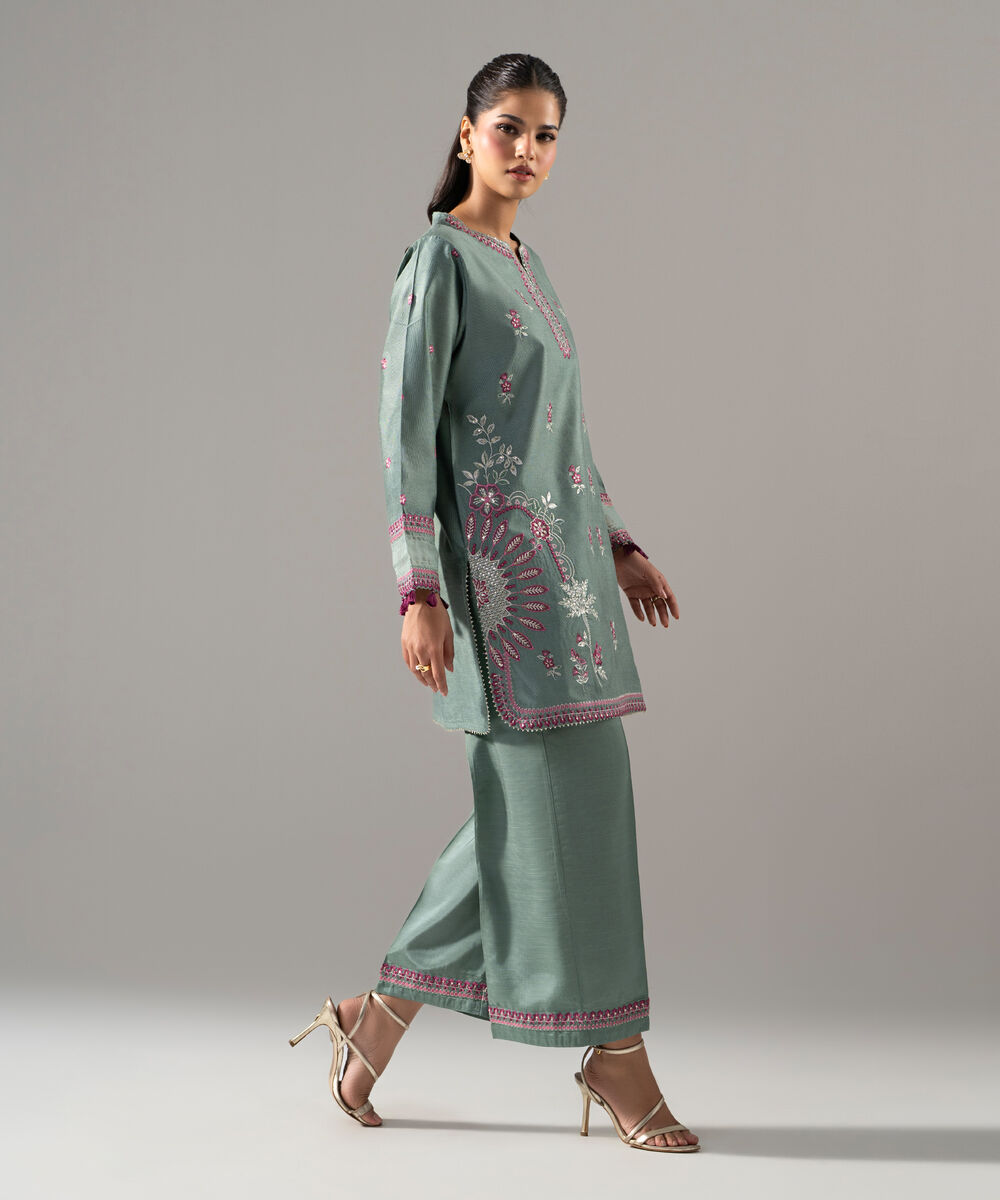 Women's RTW Cotton Net Solid Embroidered Green 2 Piece Suit
