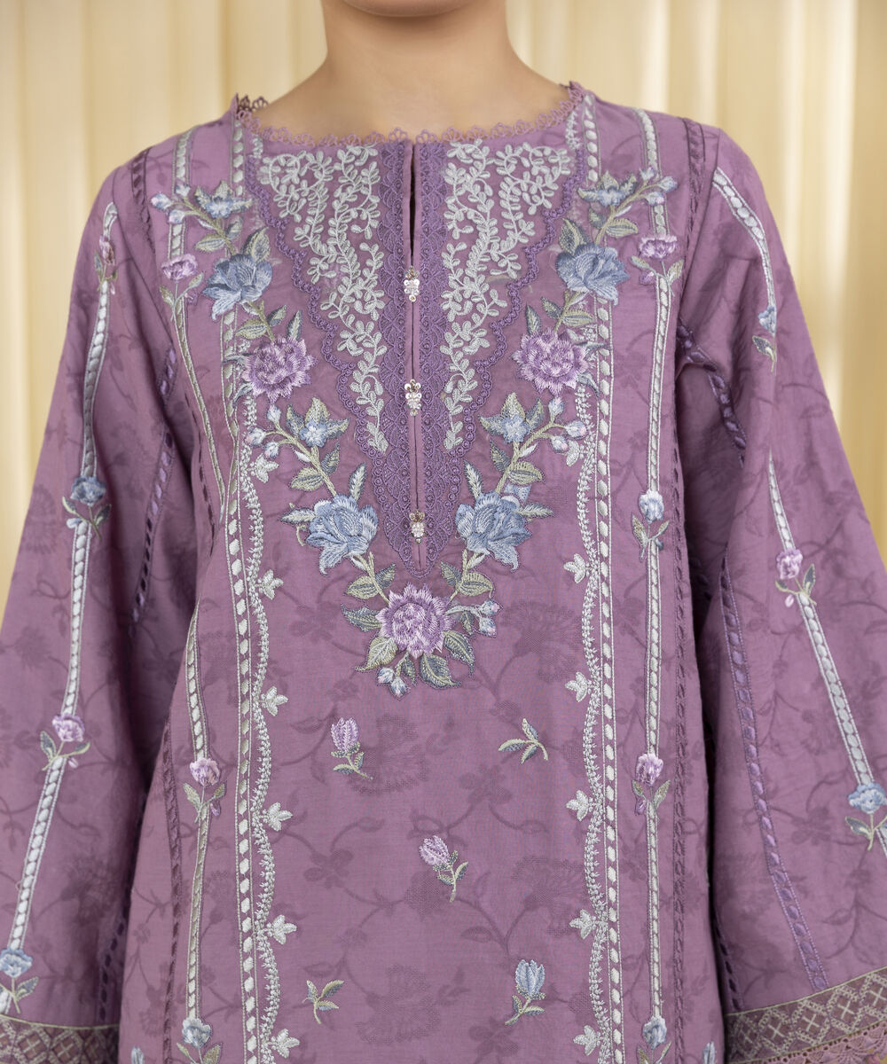 Unstitched Women's Purple Cotton Jacquard 3 Piece Suit