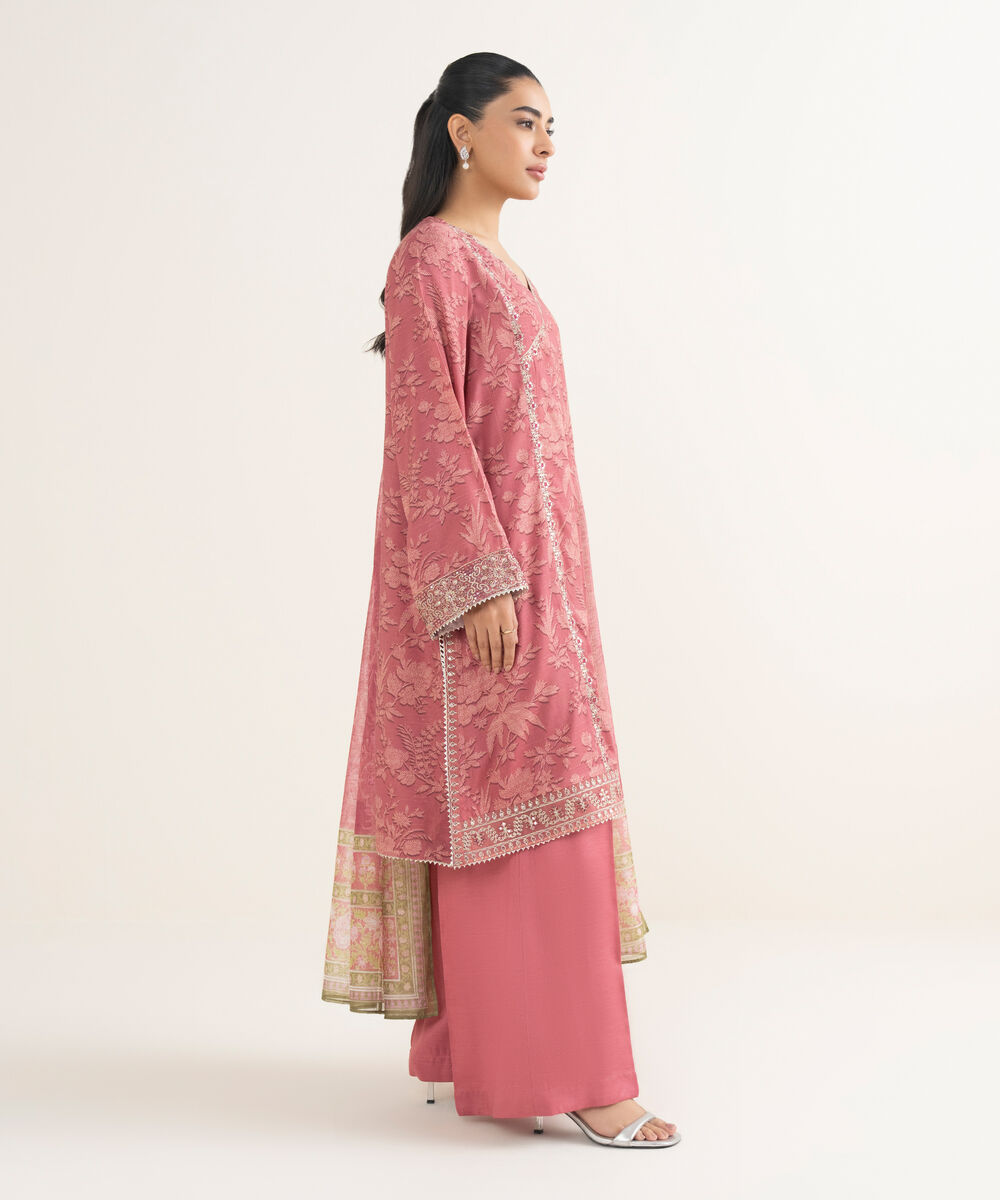 Women's RTW Dobby Embroidered Pink 3 Piece Suit