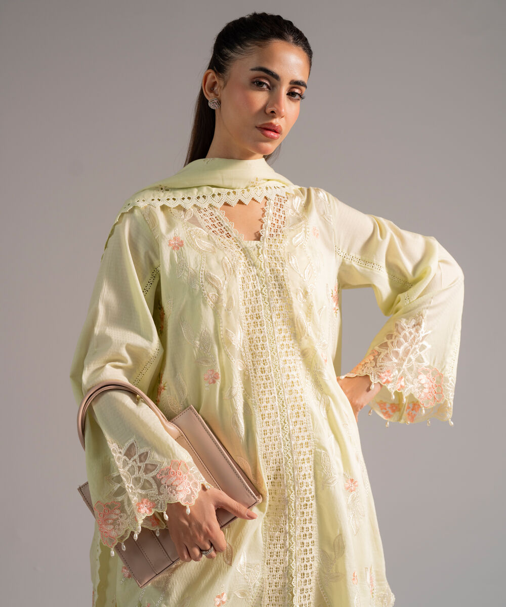 Women's RTW Dobby Embroidered Light Green 3 Piece Suit