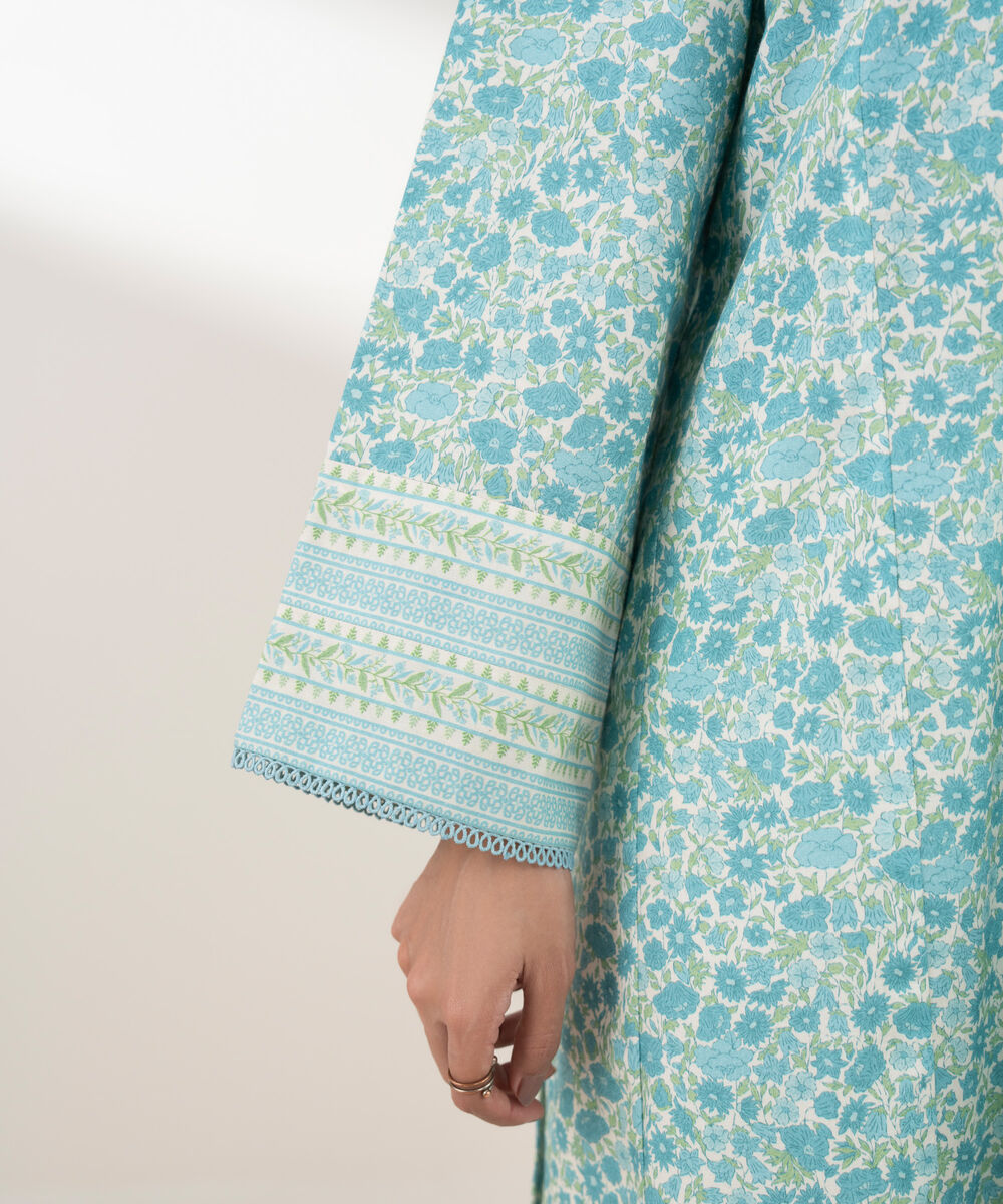 Women's Unstitched Cotton Printed Blue 3 Piece Suit