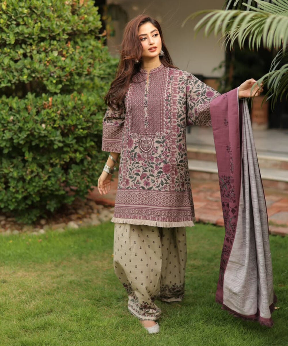 Women's Unstitched Premium Khaddar Printed Tea Pink 3 Piece Suit