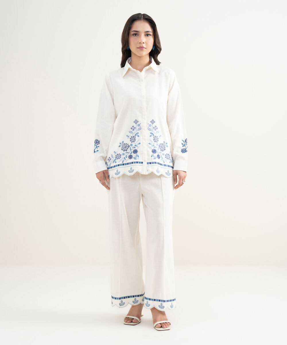 Women's RTW Dobby Embroidered Off White Straight Shirt