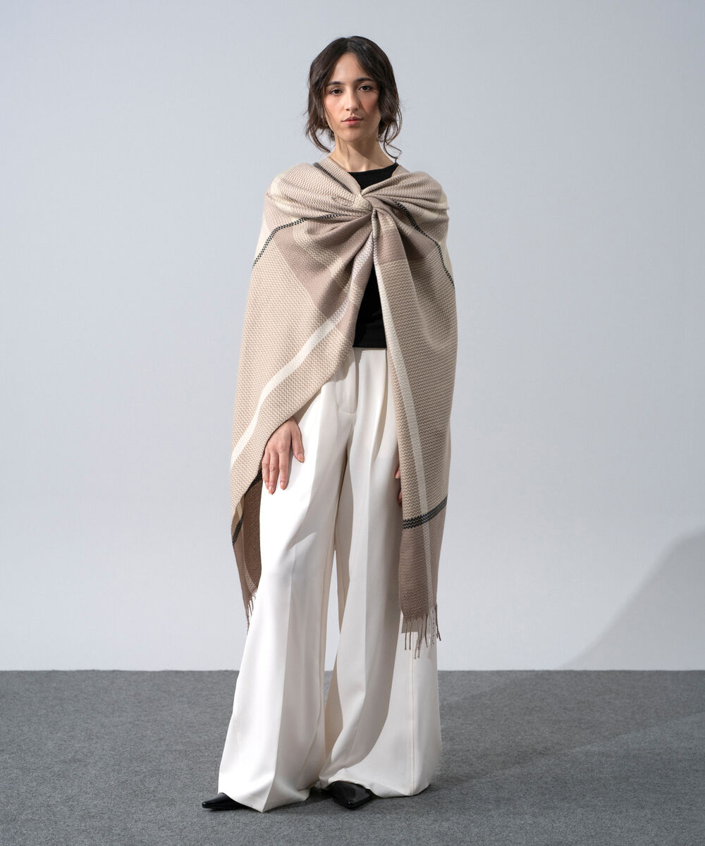 Women's Western Wear Ecru Polyester Striped Cape Shawl