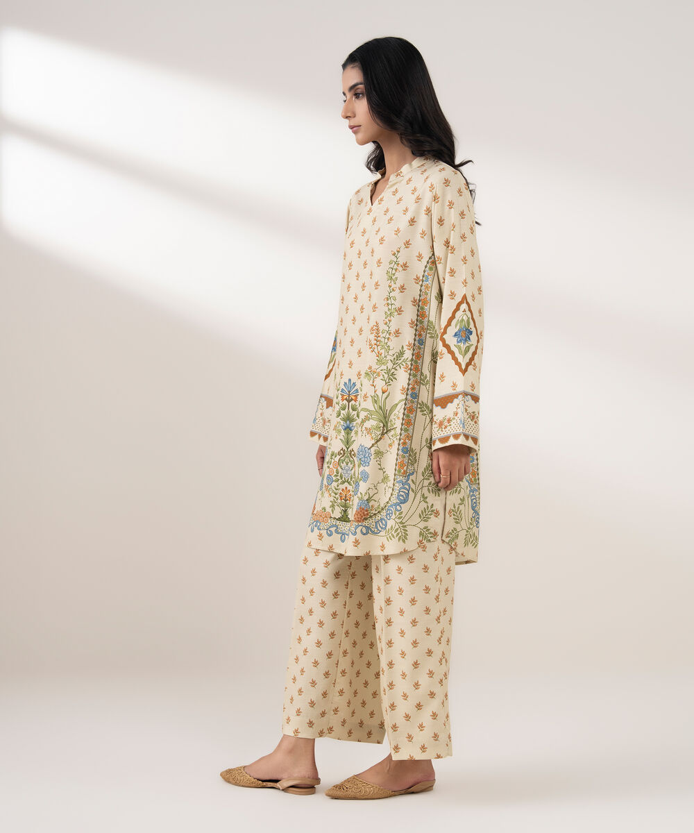 Women's RTW Viscose Linen Printed Pale Yellow 2 Piece Suit