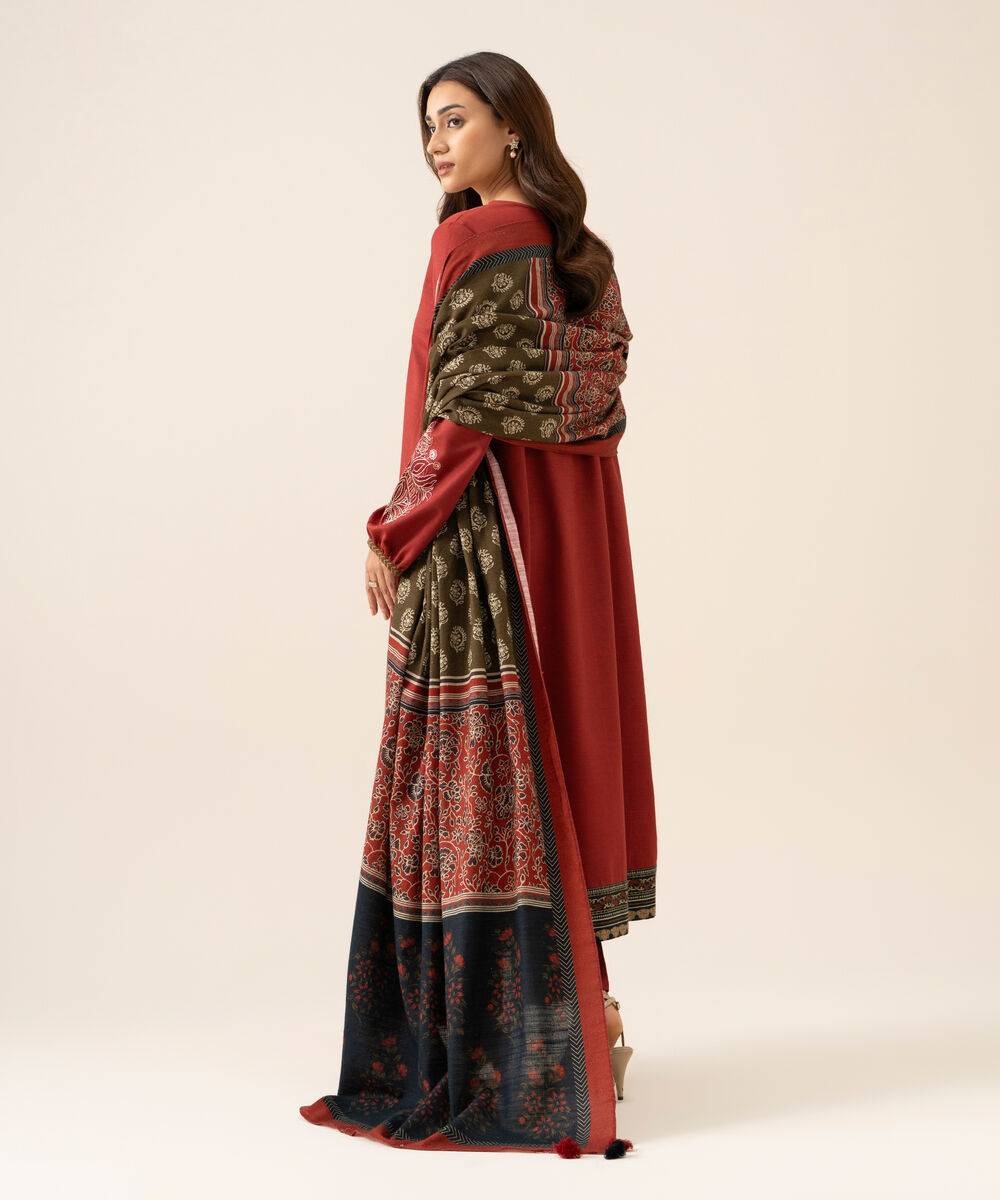 Women's Unstitched Light Khaddar Embroidered Red 3 Piece Suit