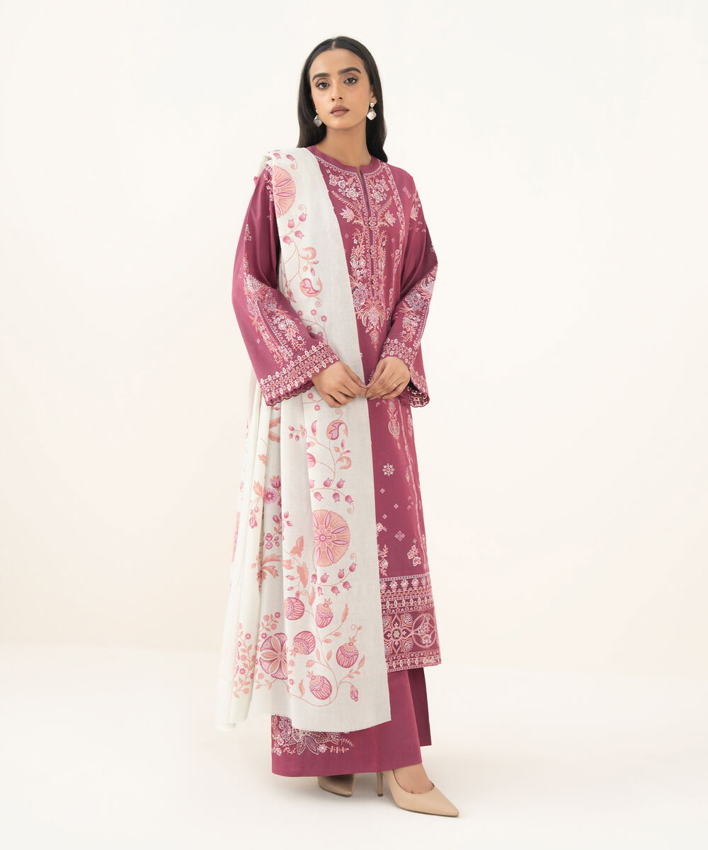 Women's Unstitched Embroidered Zari Khaddar Dark Tea Pink 3 Piece Suit