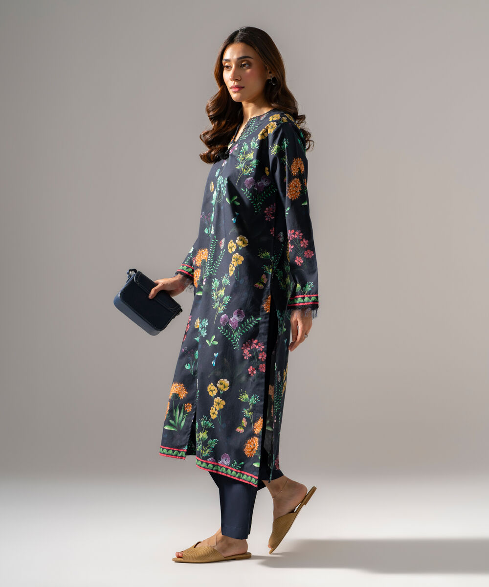 Women's RTW Cambric Printed Black Straight Shirt