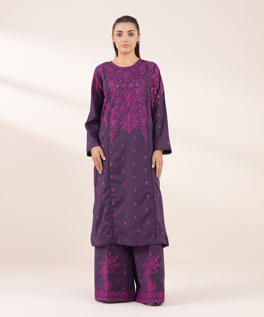 Women's RTW Dobby Purple Embroidered A-Line Shirt