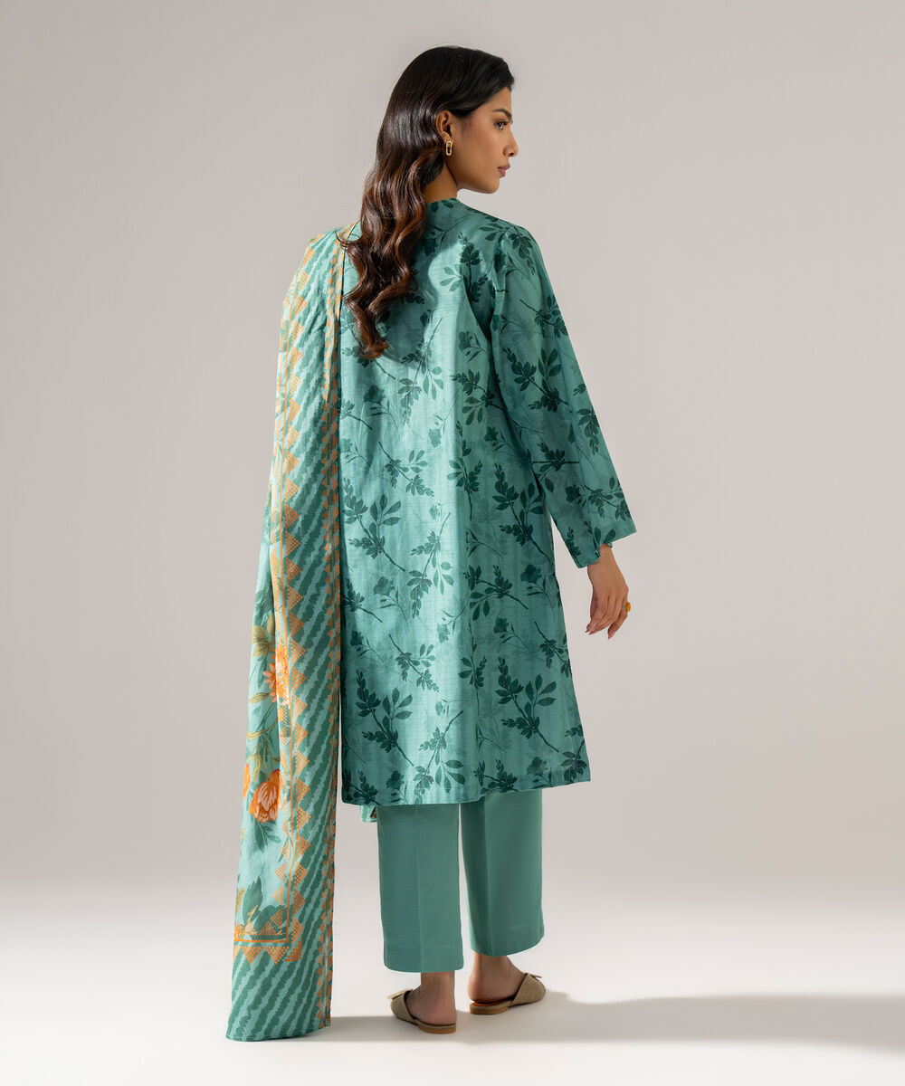 Women's RTW Khaddar Printed Teal 3 Piece Suit